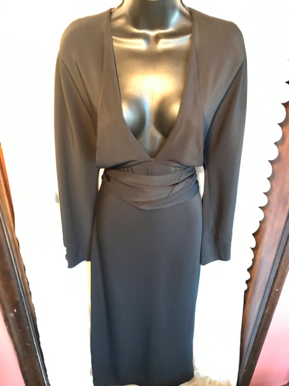 Zara Ribbon Midi Dress Deep V-Neck A-Line Long Sleeve - Picture 11 of 14
